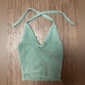 Gymshark x Whitney Simmons Eyelash Fuzzy Halter Top in a teal or leaf green med